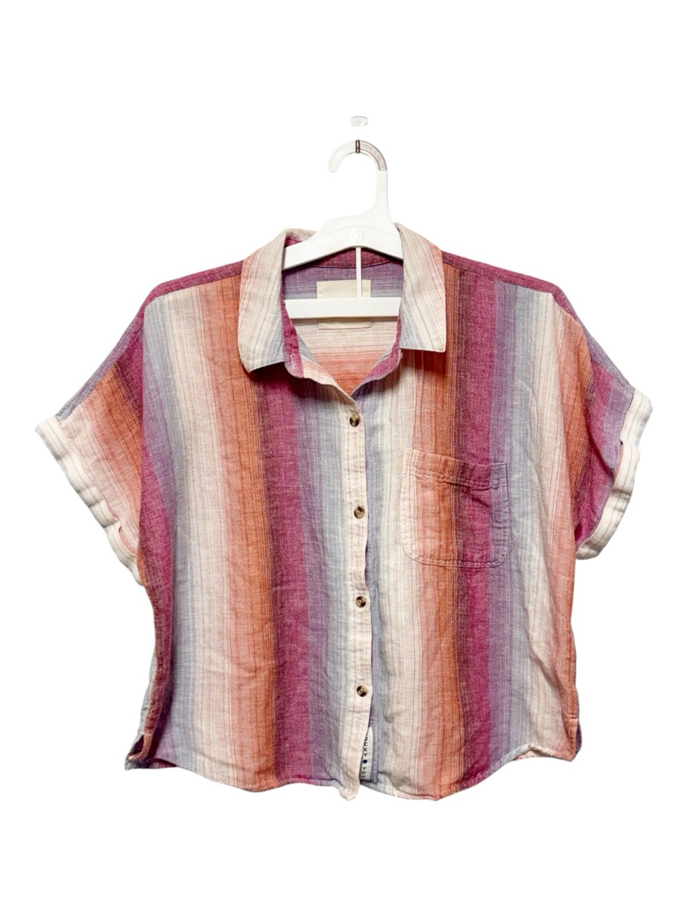Lucky Brand Multi-Stripe Short-Sleeve Button-Down — Pink, Orange, Cream, Blue